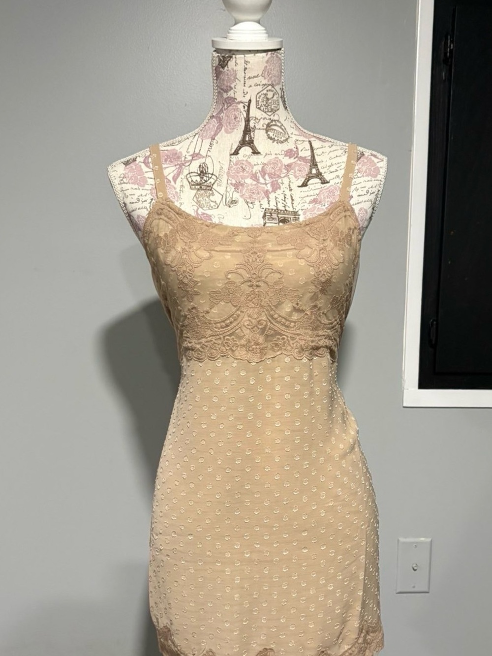 LOGO 7 Tan Lace Trim Slip Dress